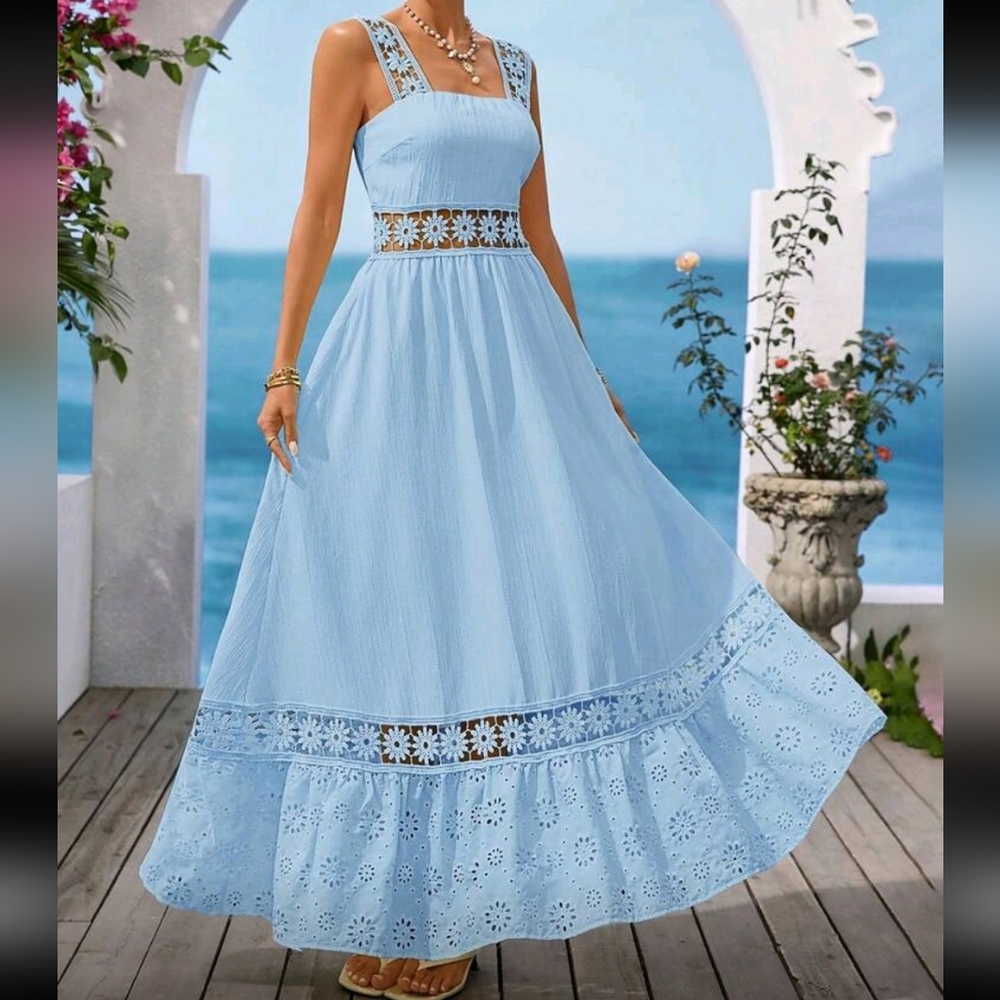 Boho White Eyelet Lace Hollow Out Cami Tank Top Maxi Dress